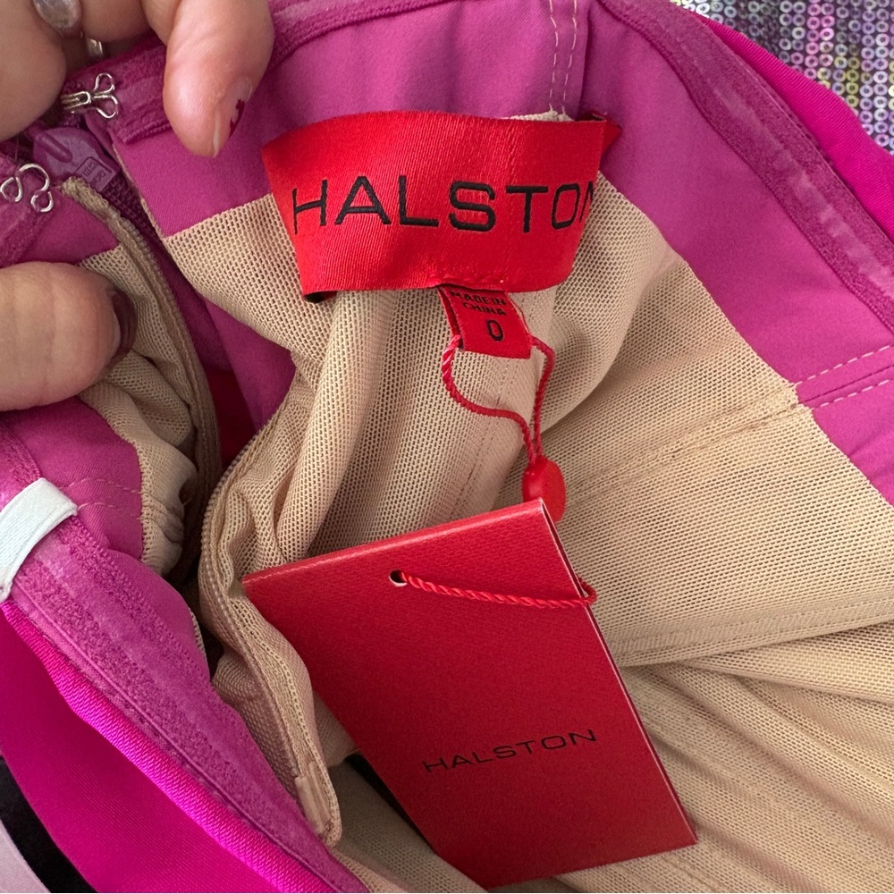 Halston Heritage Hot Pink Halter Maxi Dress with Floral Neck Detail - Picture 4 of 16